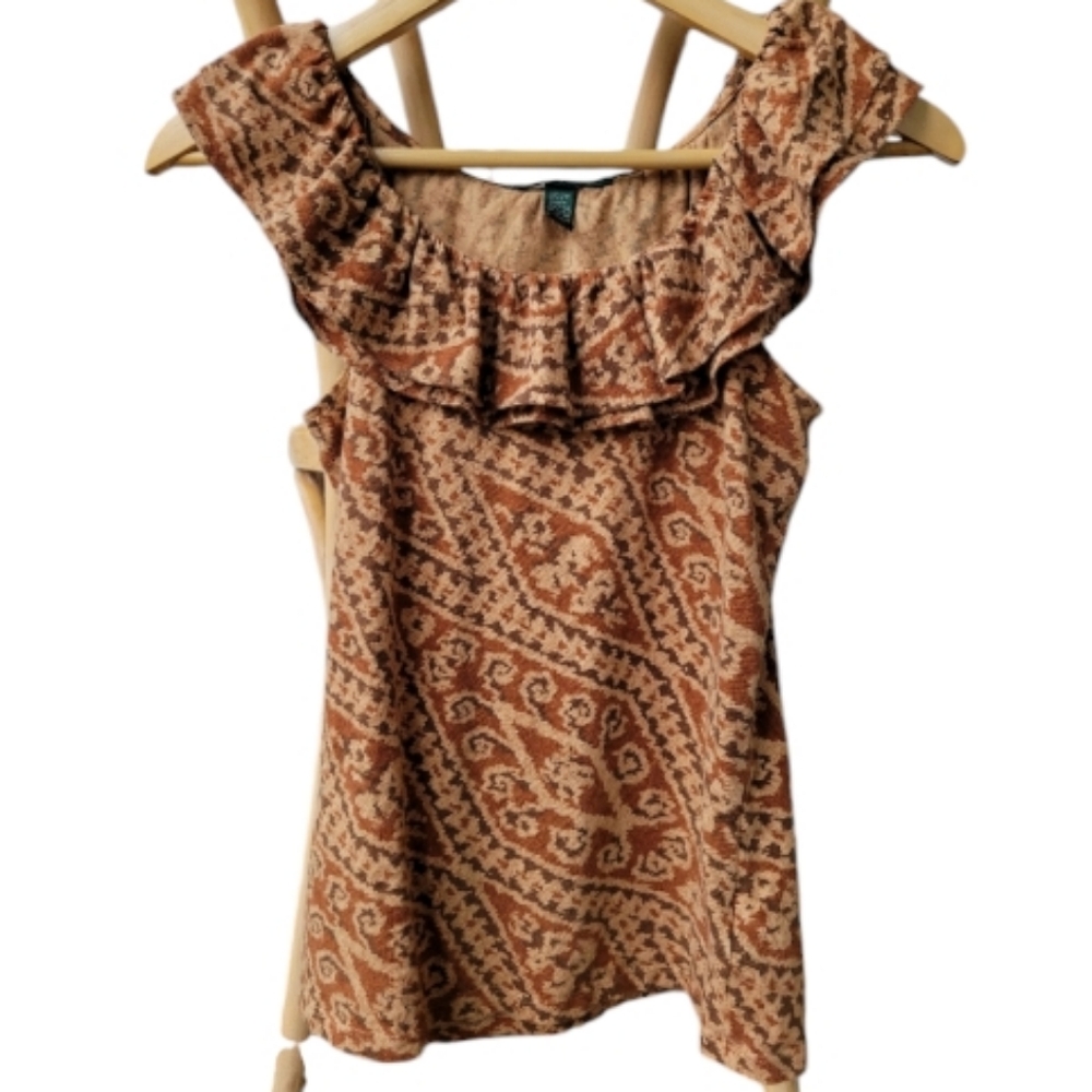 Lauren Ralph Lauren - Tanned Brown Patterned - Cotton Ruffle Shirt